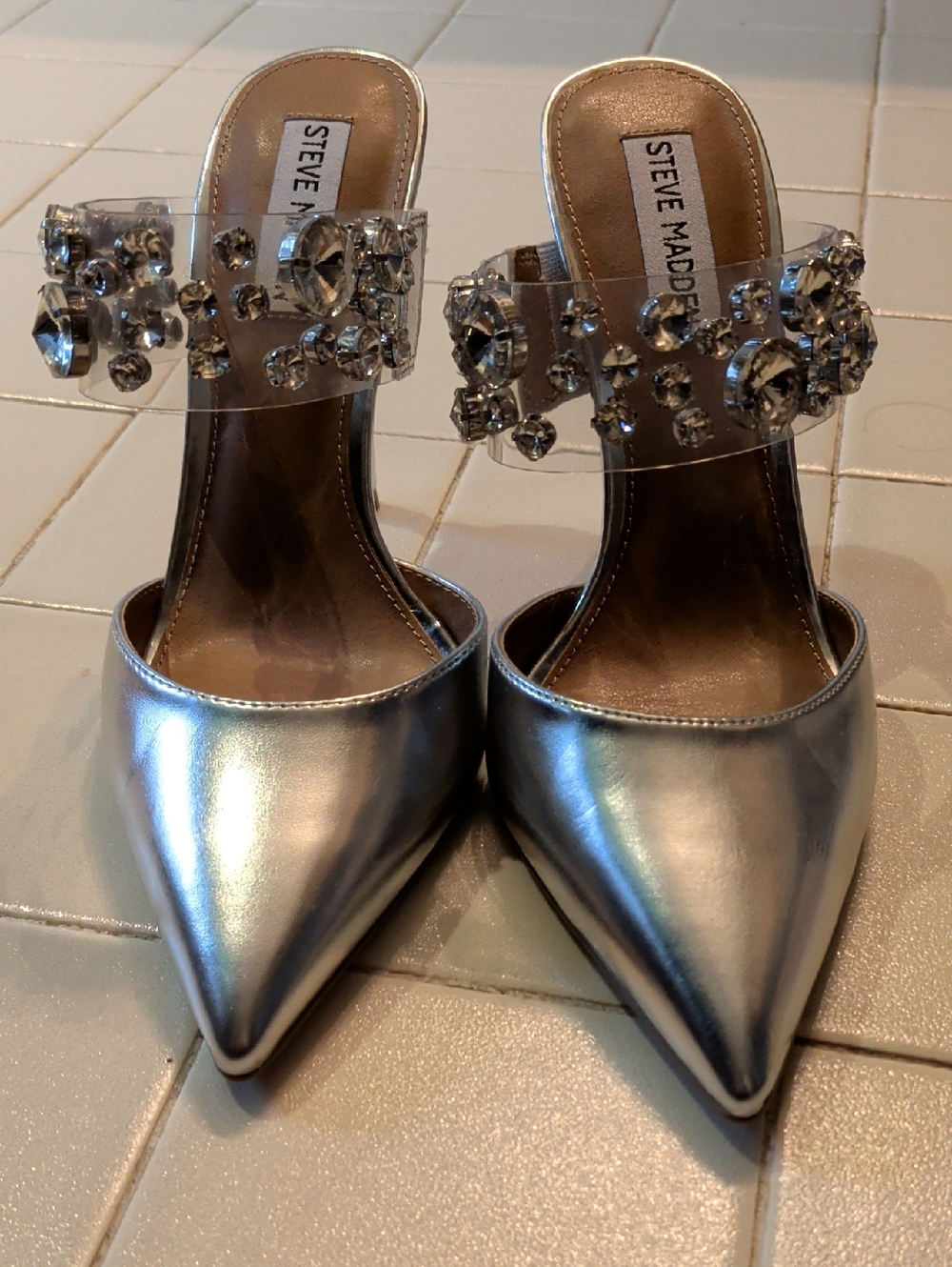 Steve Madden Silver Jeweled Clear-Strap Pointed Mules